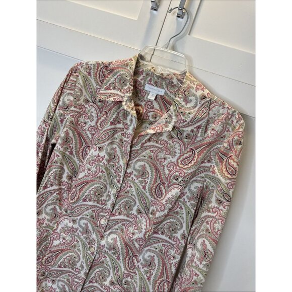 Charter Club Shirt Womens 12 Button Up Collared Long Sleeved Paisley Pink Green - Picture 2 of 13